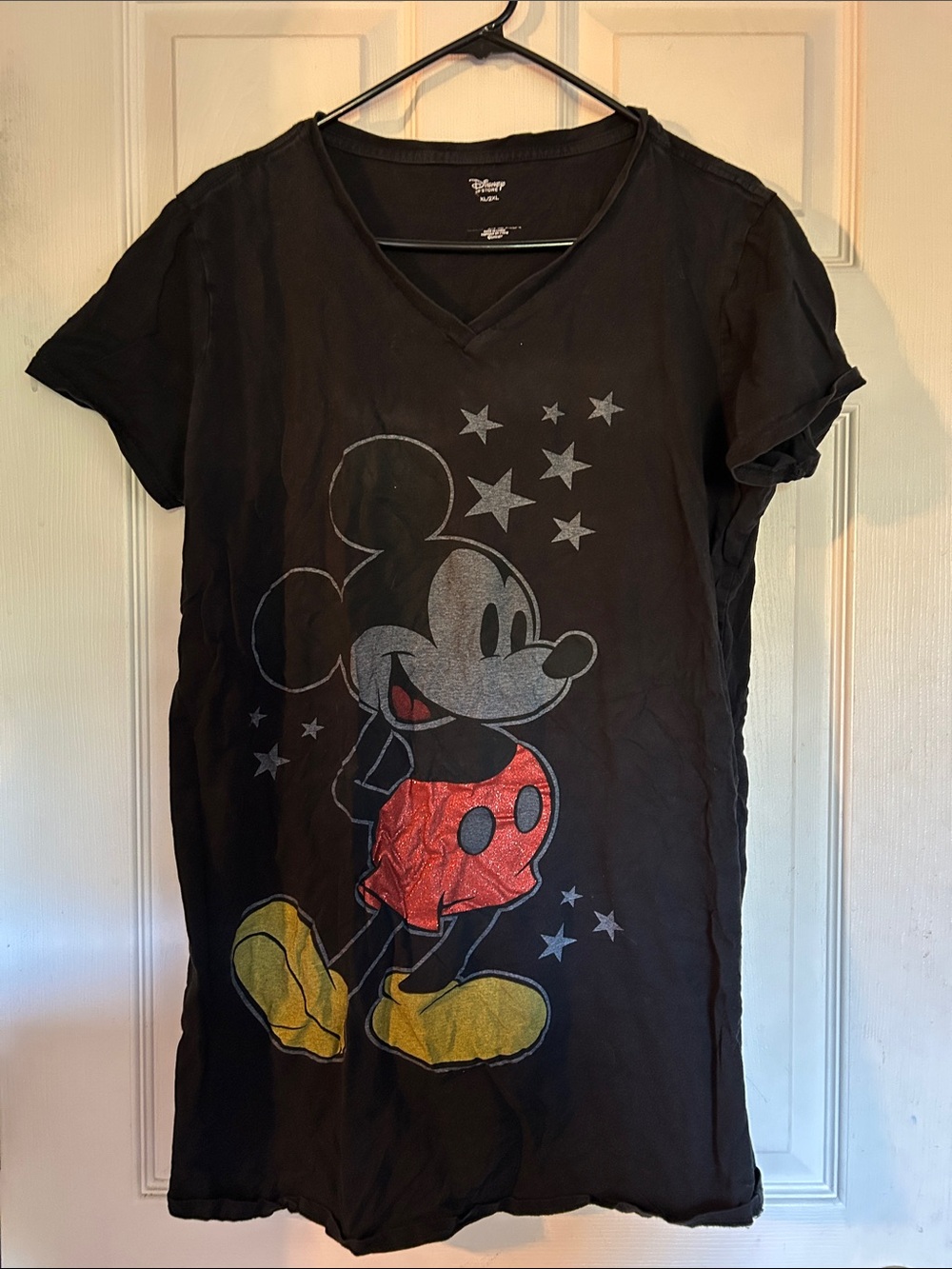 Disney Black V-Neck Mickey Mouse Graphic Tee with Red and Yellow Accents